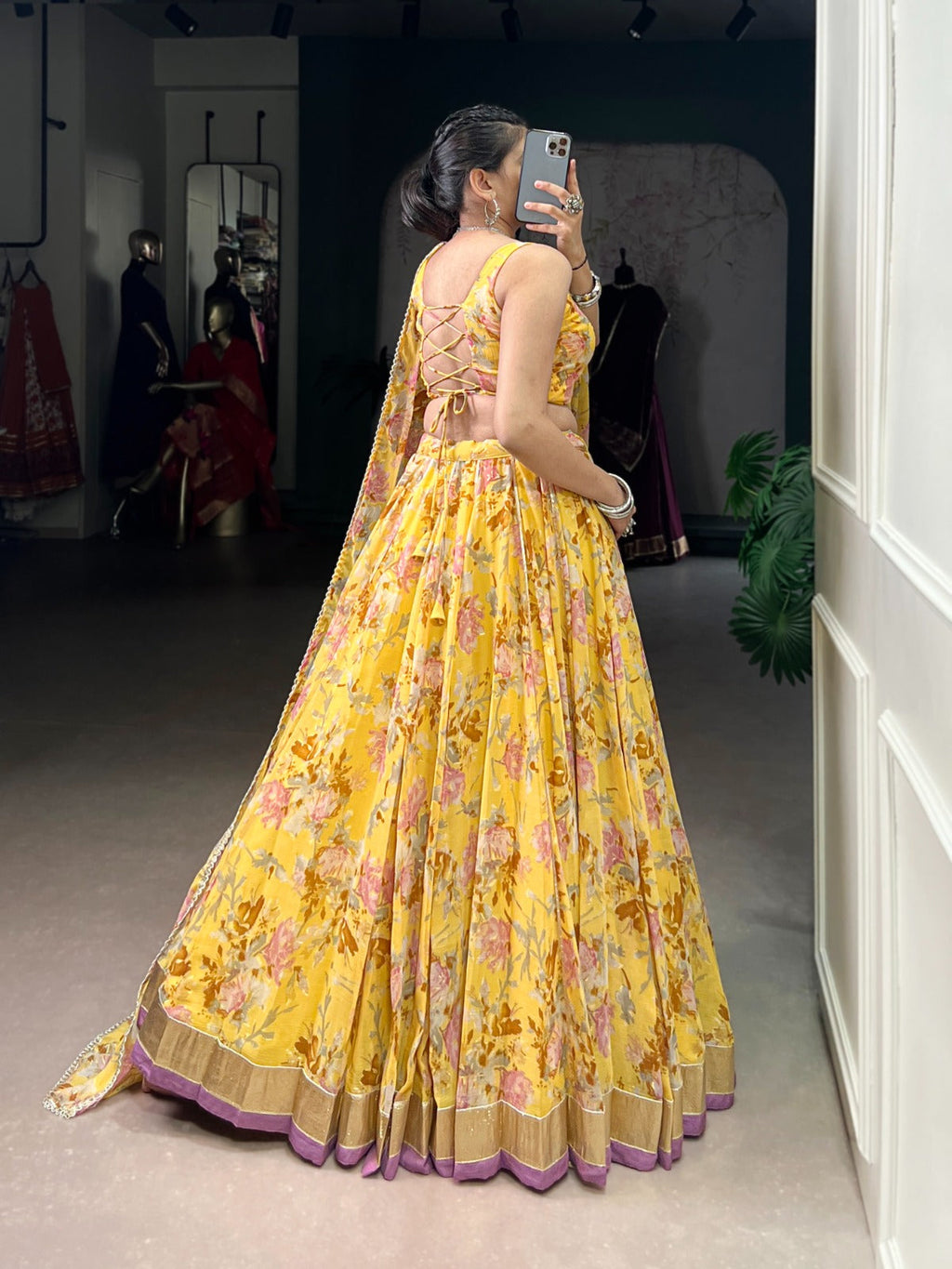 Lorenvalley Fashion Yellow Chiffon Floral Print and Foil Print with Embossed Design with Gotta Patti Lace Touch Up Lehenga Choli with Dupatta