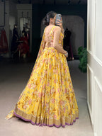 Lorenvalley Fashion Yellow Chiffon Floral Print and Foil Print with Embossed Design with Gotta Patti Lace Touch Up Lehenga Choli with Dupatta