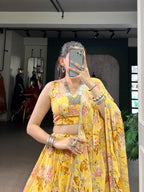 Lorenvalley Fashion Yellow Chiffon Floral Print and Foil Print with Embossed Design with Gotta Patti Lace Touch Up Lehenga Choli with Dupatta