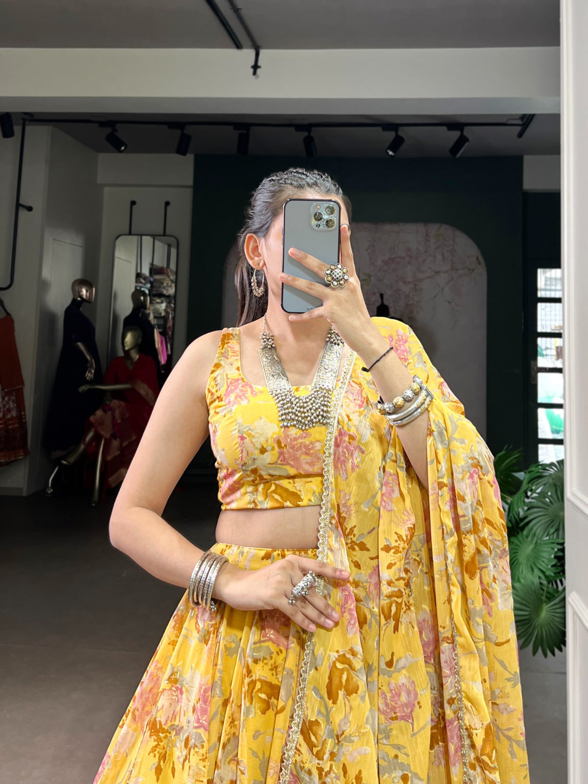 Lorenvalley Fashion Yellow Chiffon Floral Print and Foil Print with Embossed Design with Gotta Patti Lace Touch Up Lehenga Choli with Dupatta
