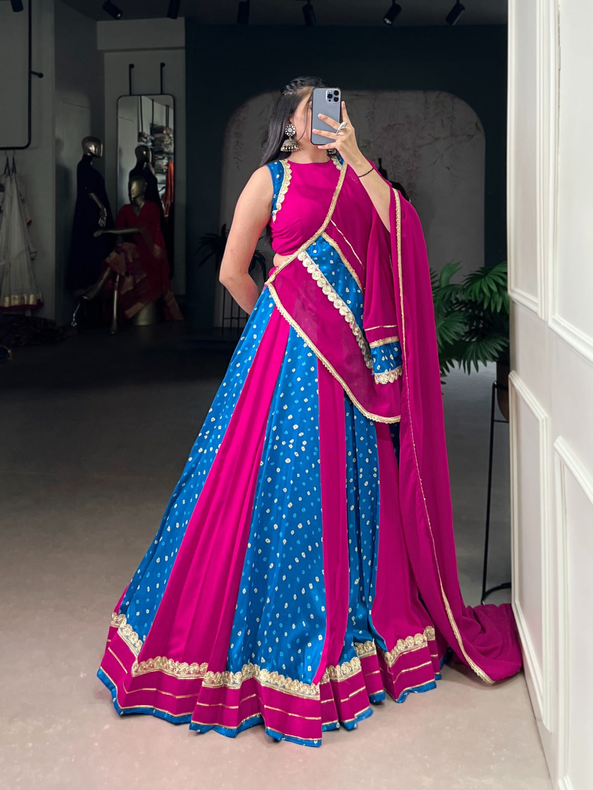 Lorenvalley Fashion Pink Tasar Silk Bandhej Print With Lace Touch Up Lehenga Choli with Dupatta