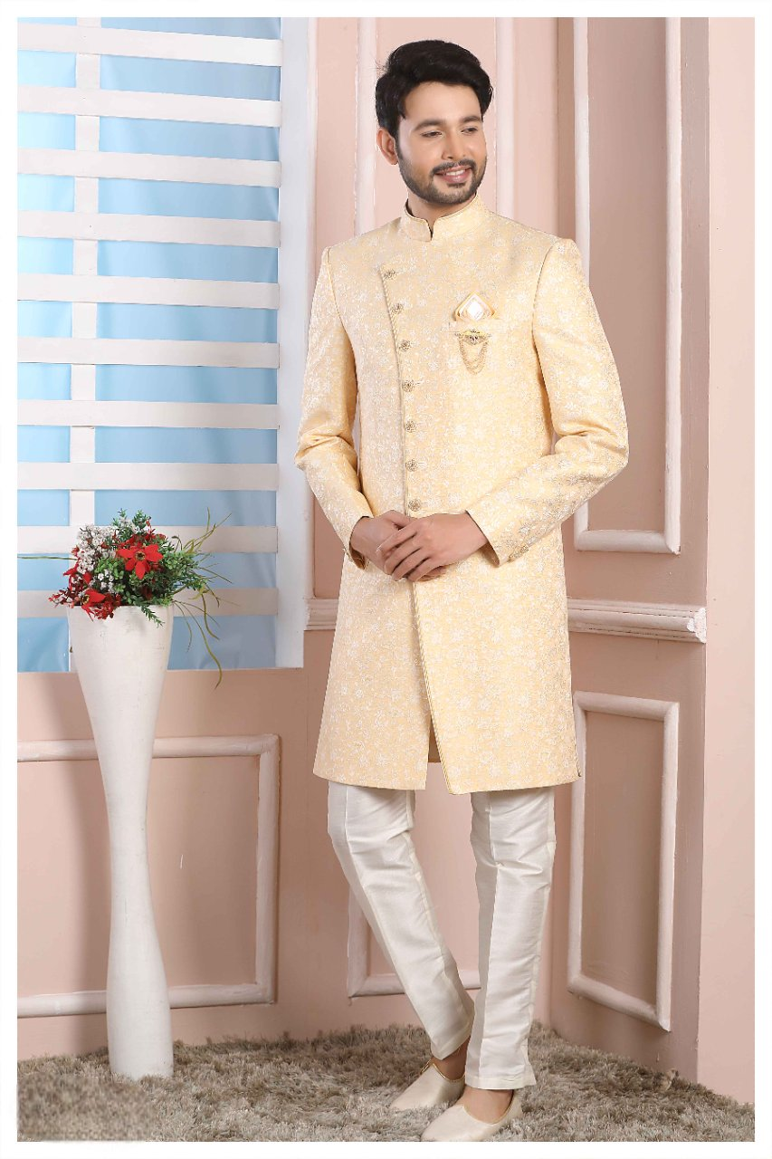 Raivat Ethnic Jacquard Silk Thread Work Indo Western In Yellow Colour - Distacart