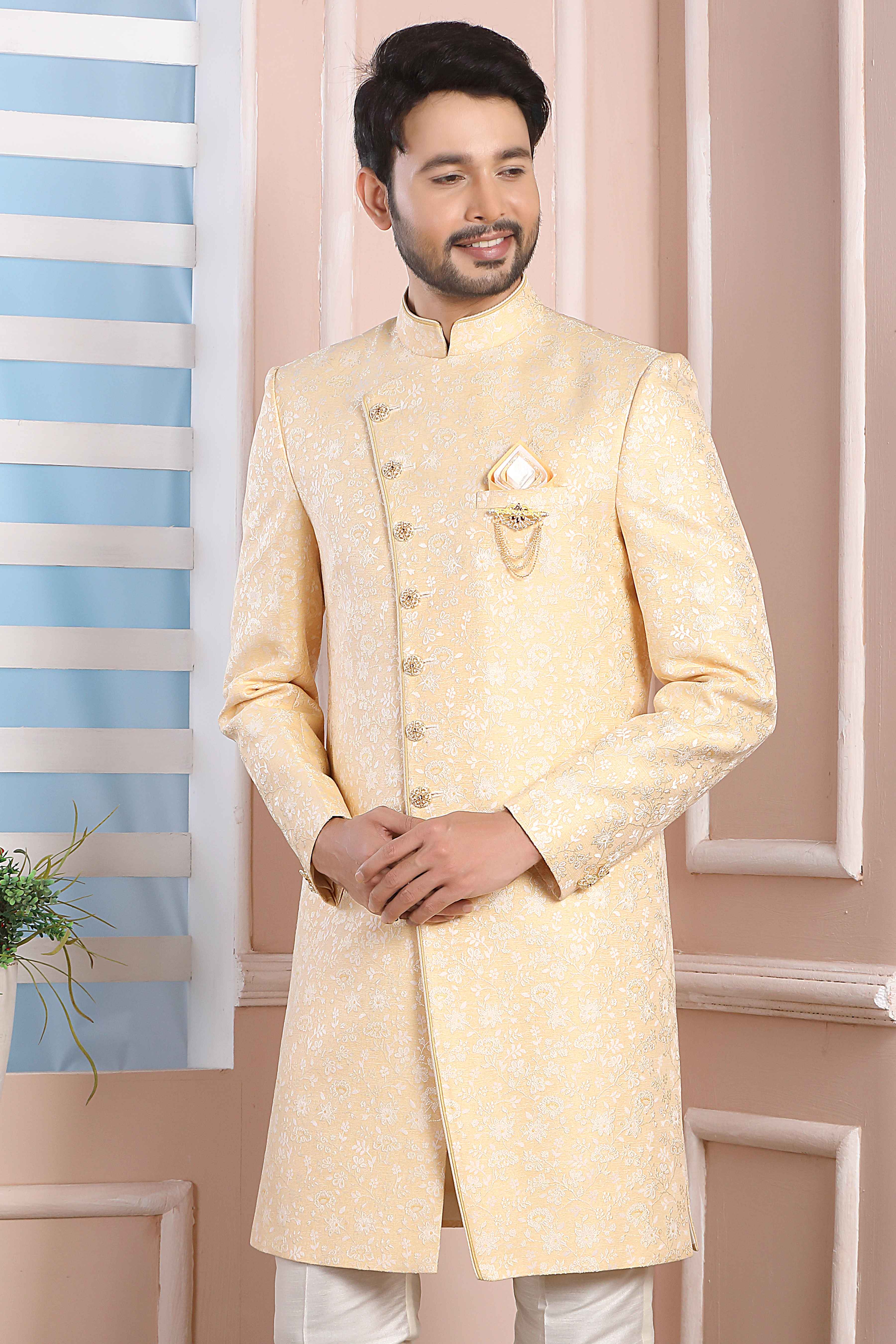 Raivat Ethnic Jacquard Silk Thread Work Indo Western In Yellow Colour - Distacart