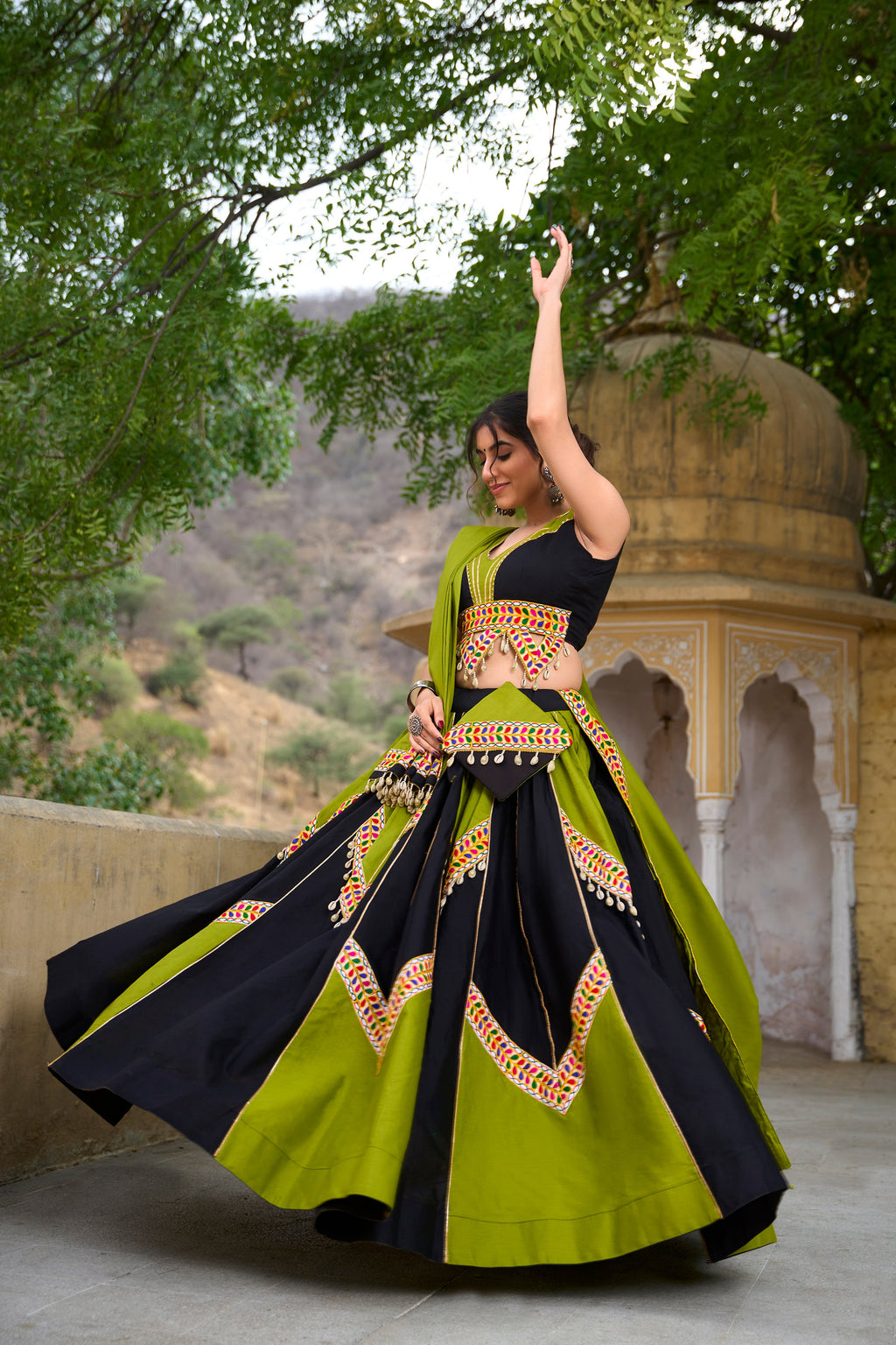 Lorenvalley Pure Cotton Plain With Gamthi Work And Gota Patti With Cowrie (Kodi) Lace Touch Up Lehenga Choli with Dupatta