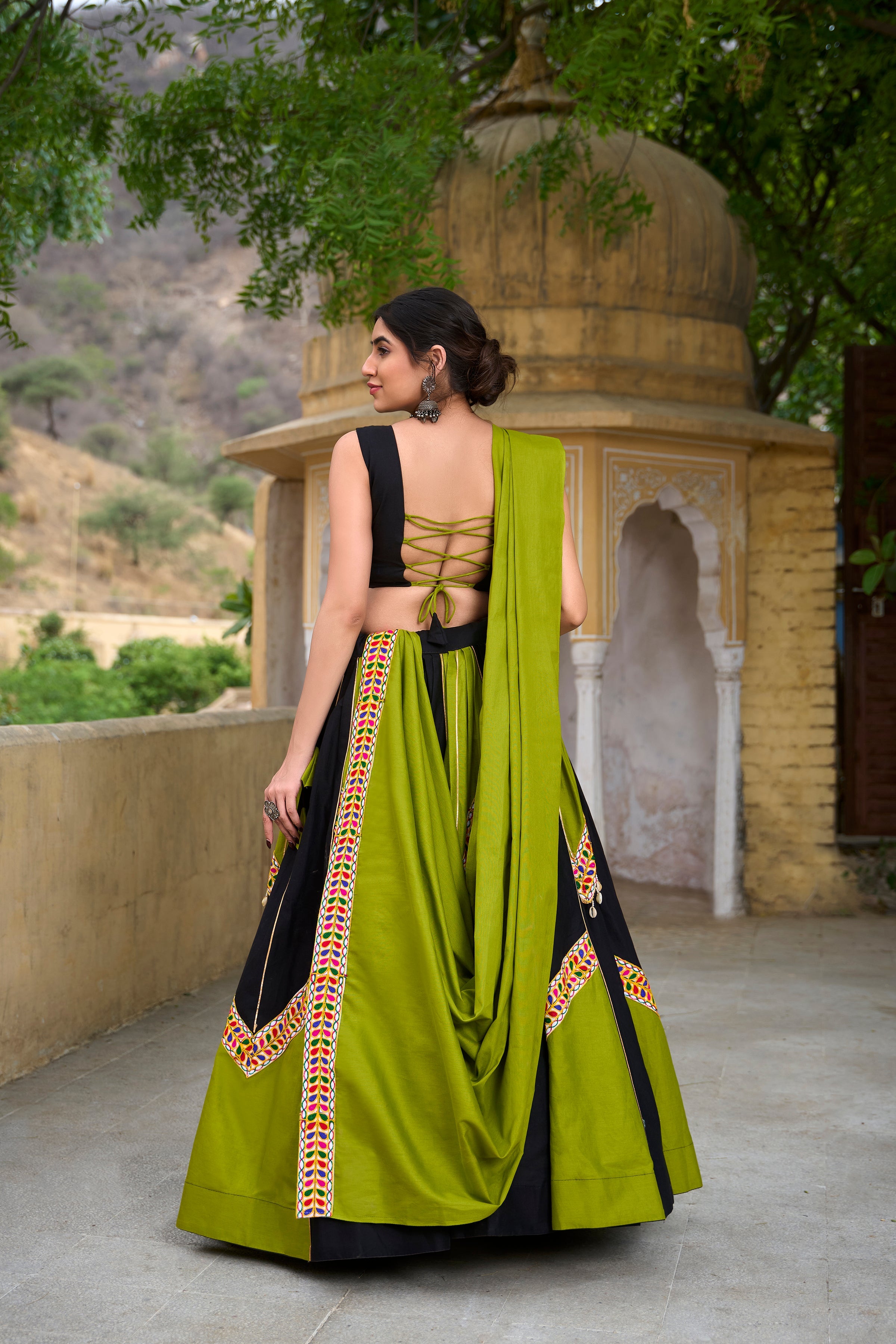 Lorenvalley Pure Cotton Plain With Gamthi Work And Gota Patti With Cowrie (Kodi) Lace Touch Up Lehenga Choli with Dupatta