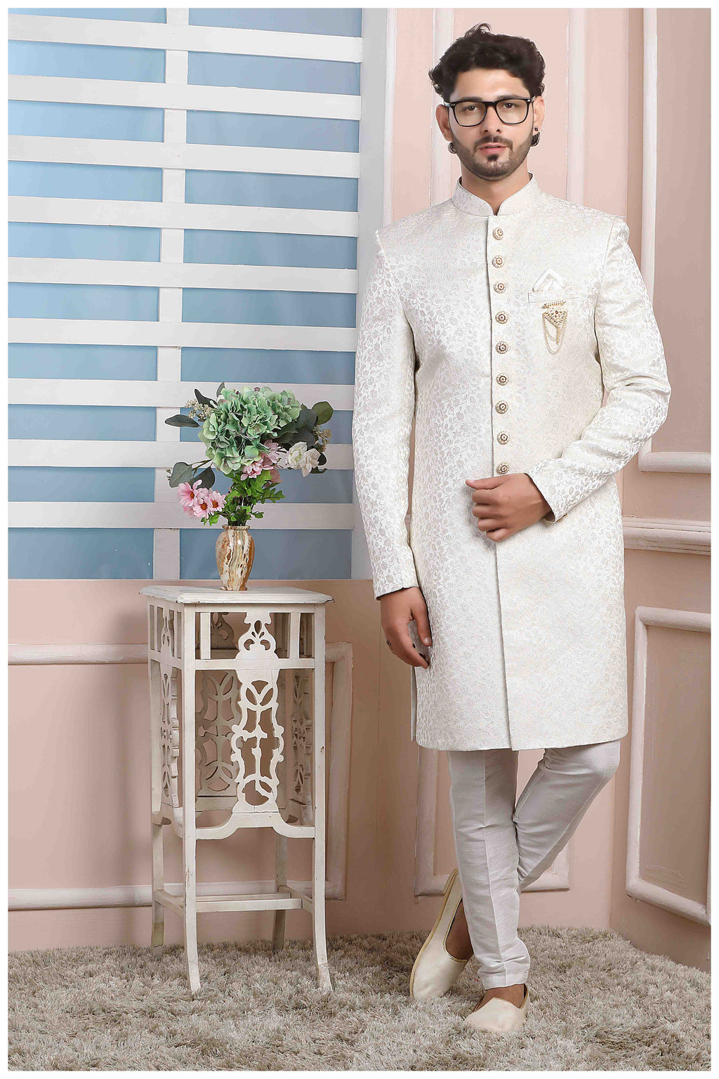 Raivat Ethnic Jacquard Silk Thread Work Indo Western In Cream Colour - Distacart