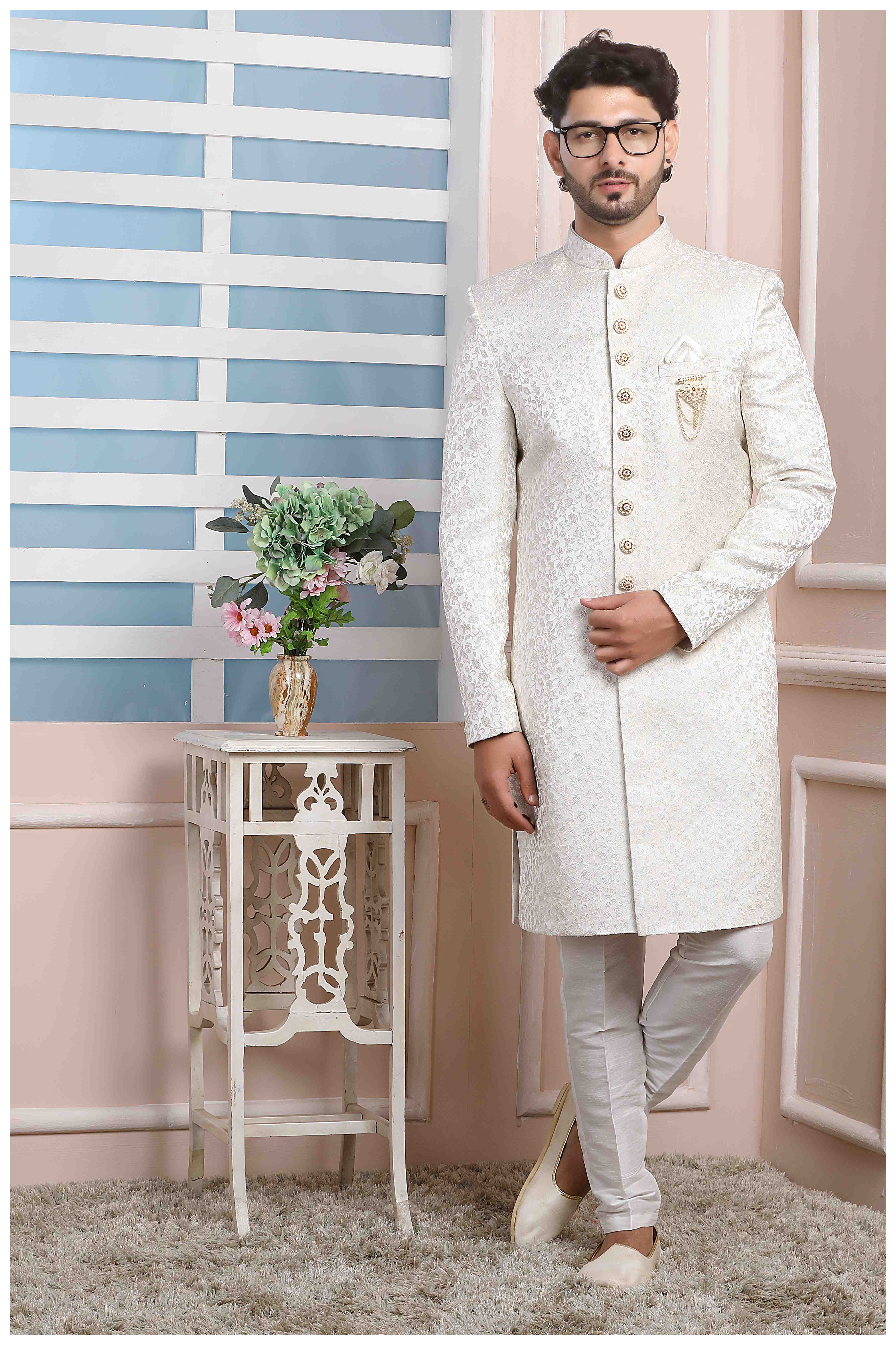Raivat Ethnic Jacquard Silk Thread Work Indo Western In Cream Colour - Distacart