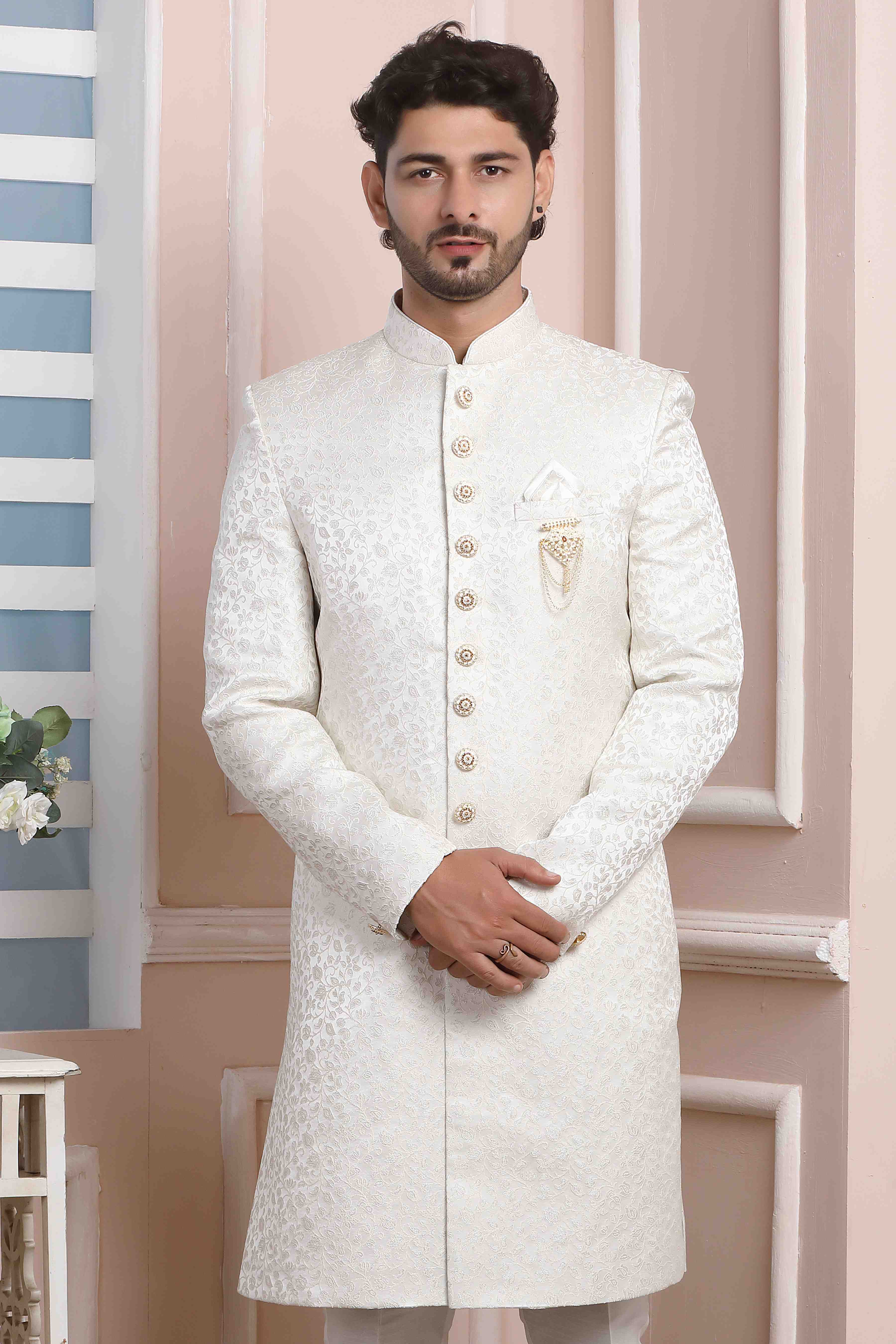 Raivat Ethnic Jacquard Silk Thread Work Indo Western In Cream Colour - Distacart