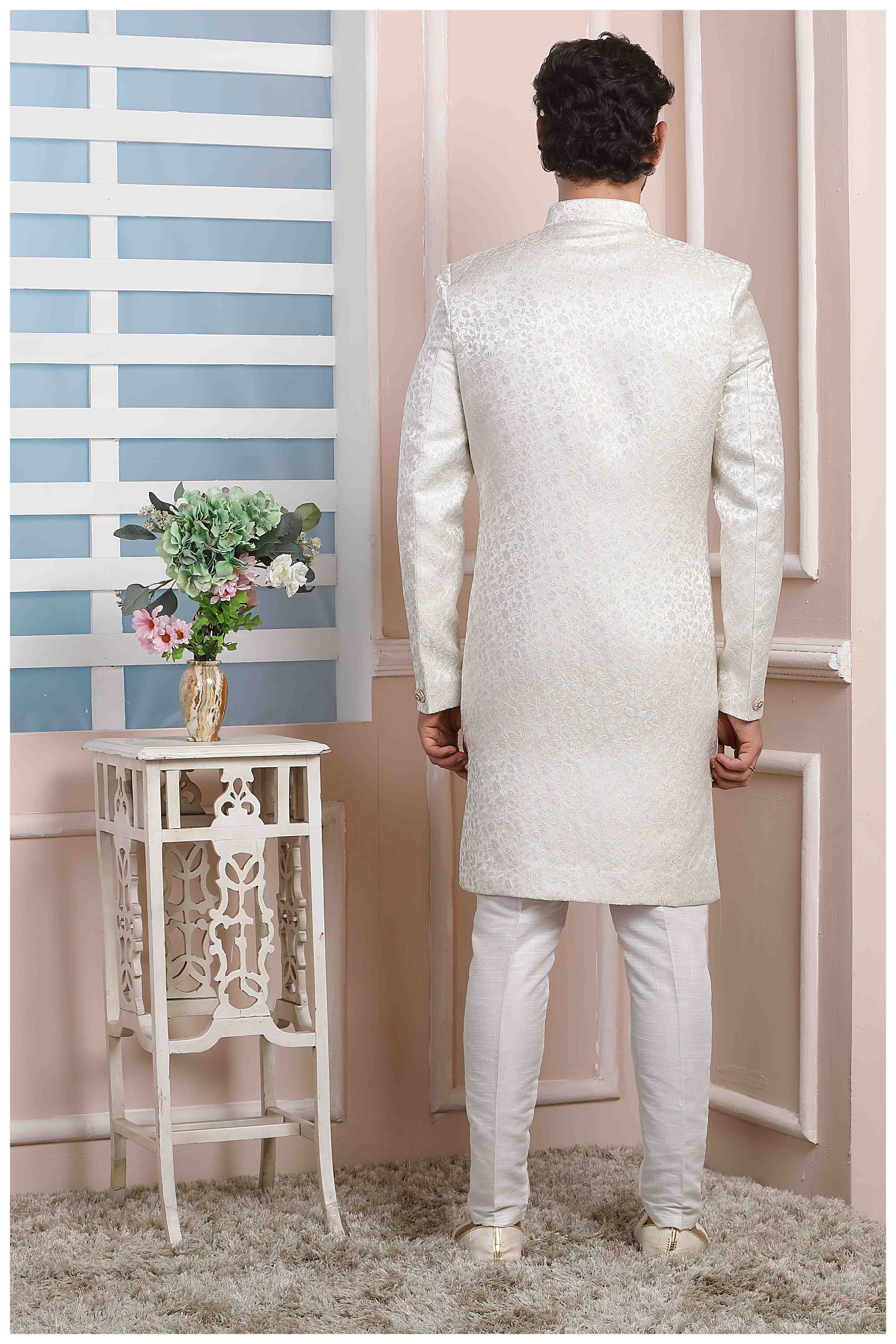 Raivat Ethnic Jacquard Silk Thread Work Indo Western In Cream Colour - Distacart