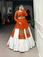 Lorenvalley Fashion Orange Pure Rayon Plain And Gamthi Patch Work With Gota Patti Touch Up Lehenga Choli