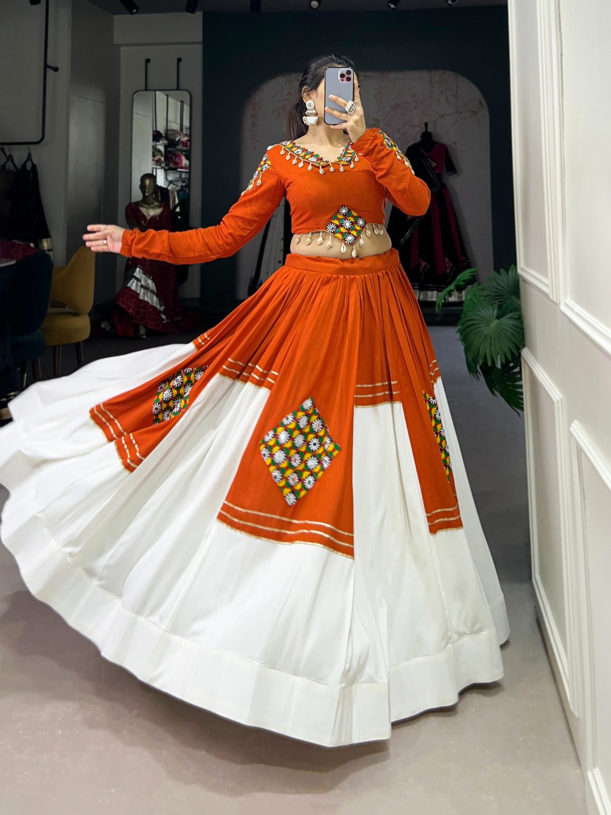 Lorenvalley Fashion Orange Pure Rayon Plain And Gamthi Patch Work With Gota Patti Touch Up Lehenga Choli