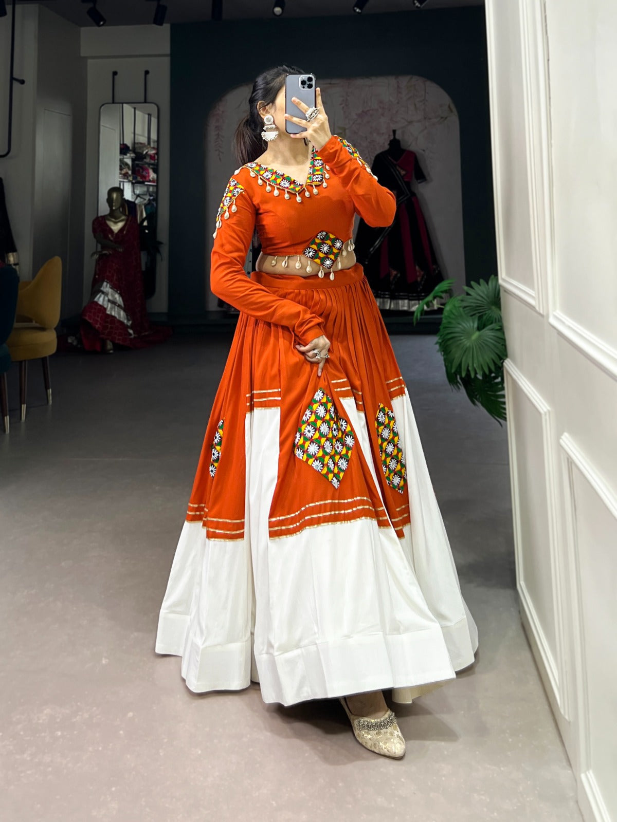 Lorenvalley Fashion Orange Pure Rayon Plain And Gamthi Patch Work With Gota Patti Touch Up Lehenga Choli