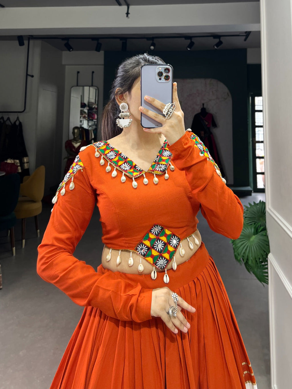 Lorenvalley Fashion Orange Pure Rayon Plain And Gamthi Patch Work With Gota Patti Touch Up Lehenga Choli