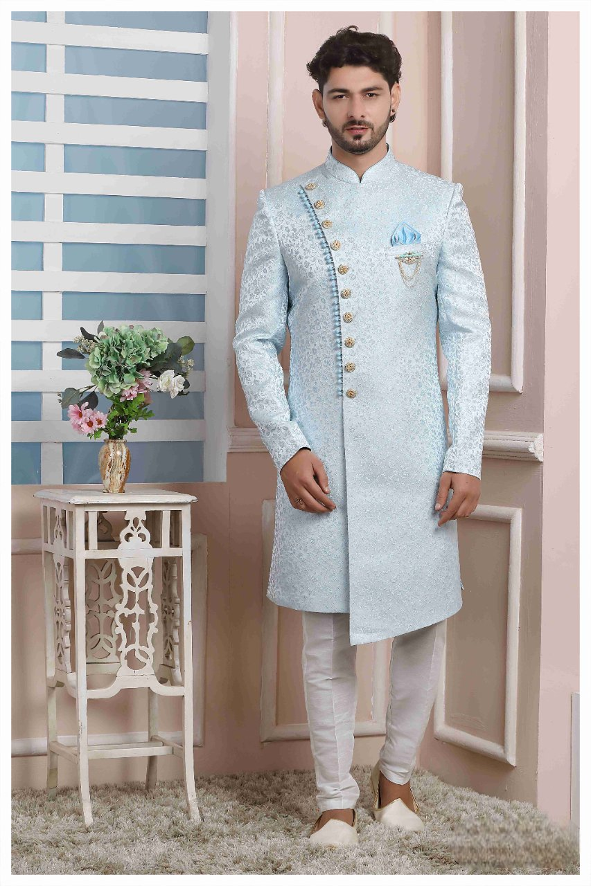 Raivat Ethnic Jacquard Silk Thread Work Indo Western In Sky Blue Colour - Distacart