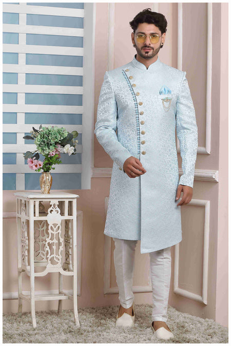 Raivat Ethnic Jacquard Silk Thread Work Indo Western In Sky Blue Colour