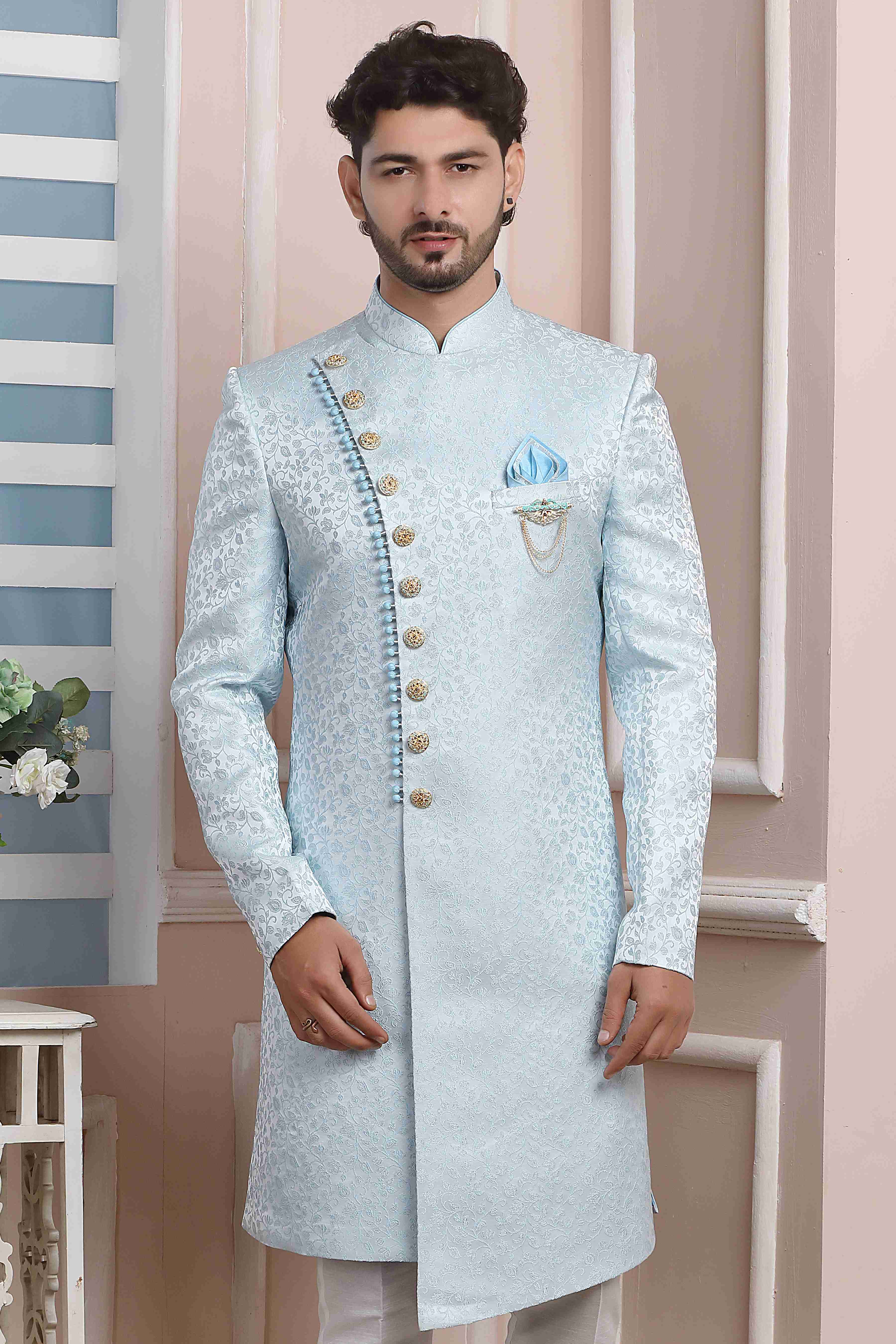 Raivat Ethnic Jacquard Silk Thread Work Indo Western In Sky Blue Colour - Distacart