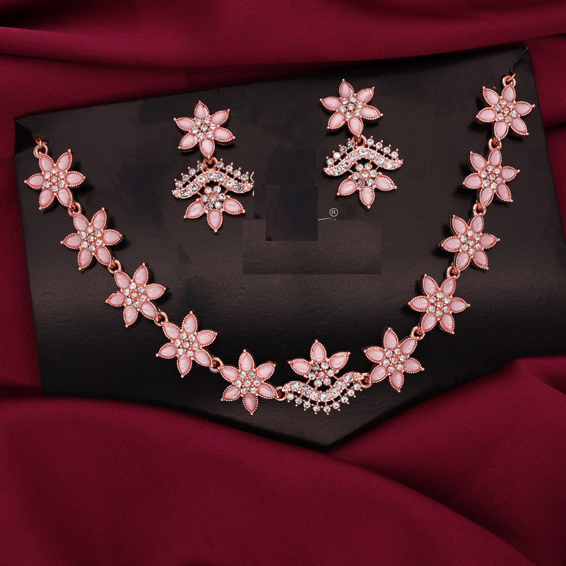 Tehzeeb Creations Baby Pink Colour Star Design Stone Studded Necklace With Earrings