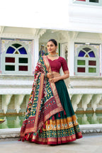 Lorenvalley Green Tussar Silk Patola Print With foil work Lehenga Choli