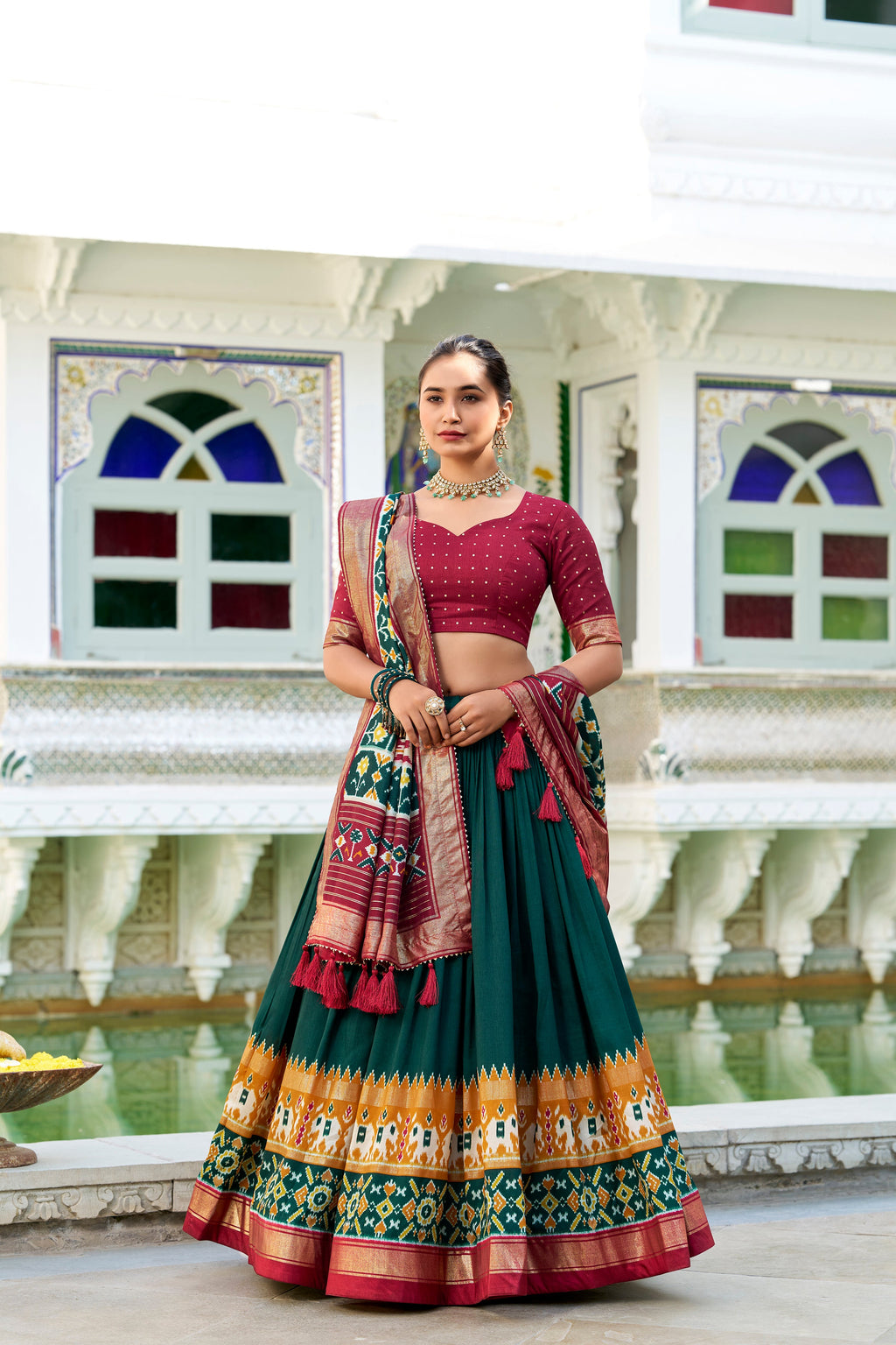 Lorenvalley Green Tussar Silk Patola Print With foil work Lehenga Choli