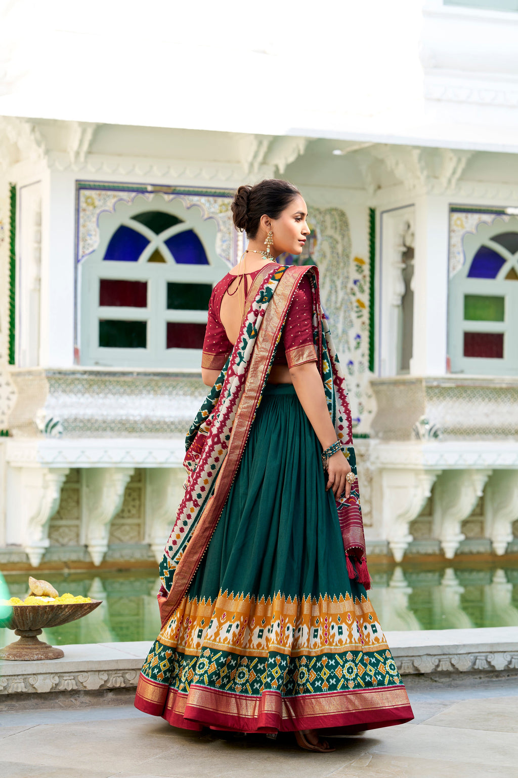 Lorenvalley Green Tussar Silk Patola Print With foil work Lehenga Choli
