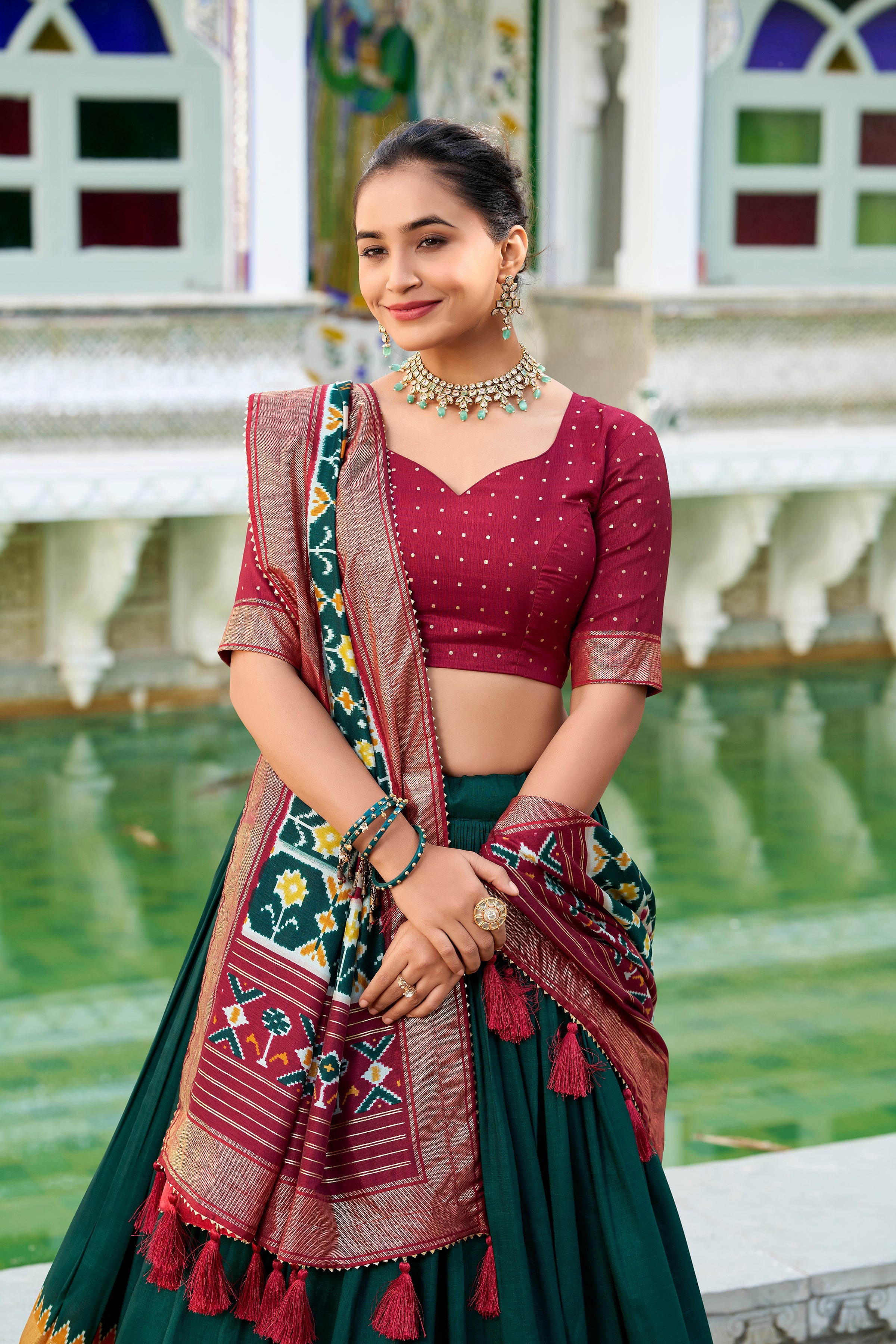 Lorenvalley Green Tussar Silk Patola Print With foil work Lehenga Choli