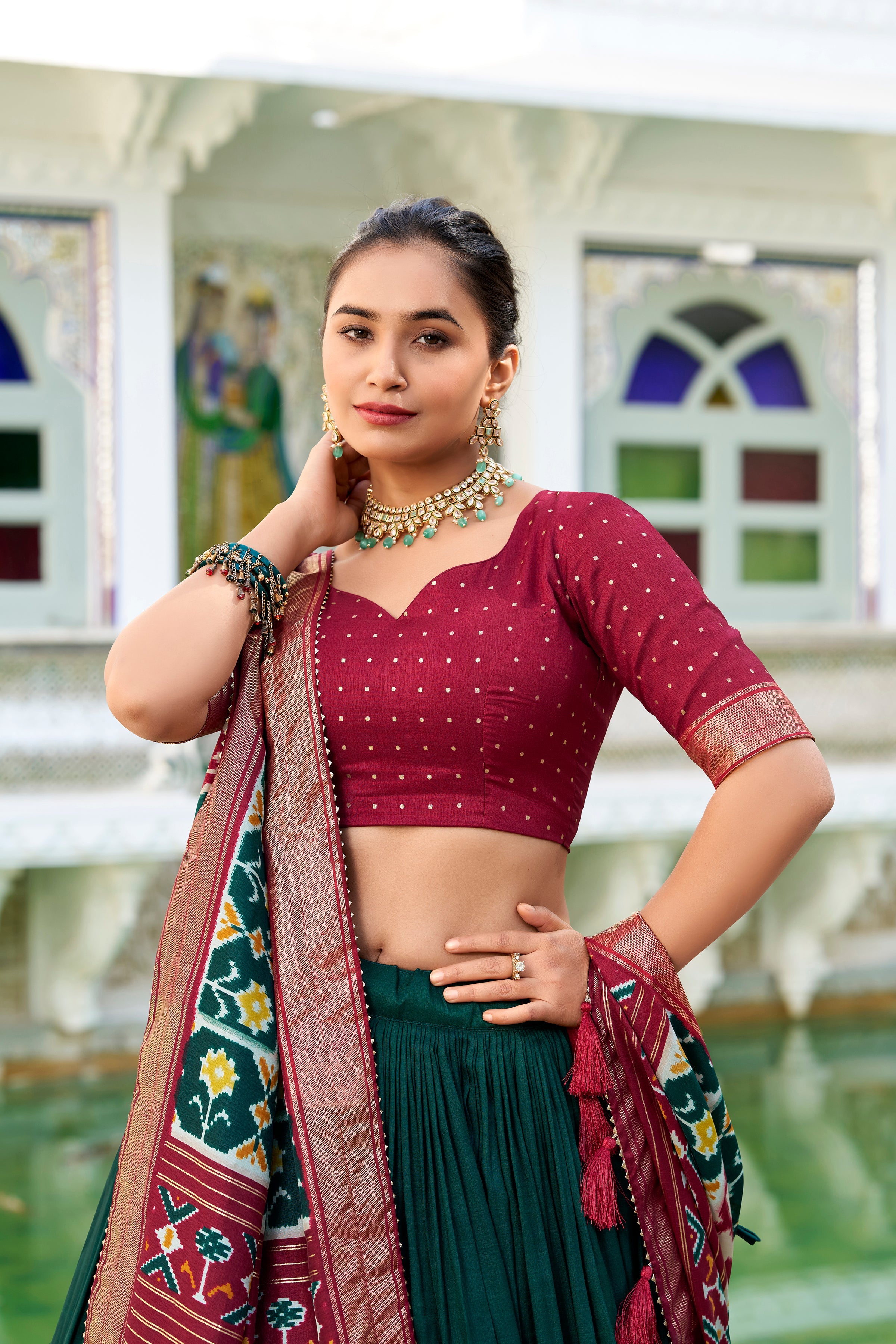 Lorenvalley Green Tussar Silk Patola Print With foil work Lehenga Choli