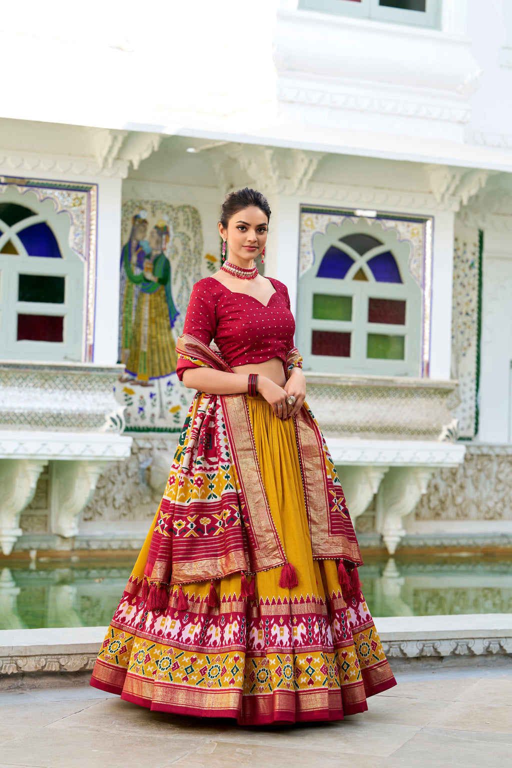 Lorenvalley Mustard Tussar Silk Patola Print With foil work Lehenga Choli