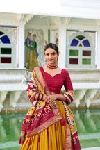 Lorenvalley Mustard Tussar Silk Patola Print With foil work Lehenga Choli
