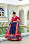 Lorenvalley Navyblue Tussar Silk Patola Print With foil work Lehenga Choli
