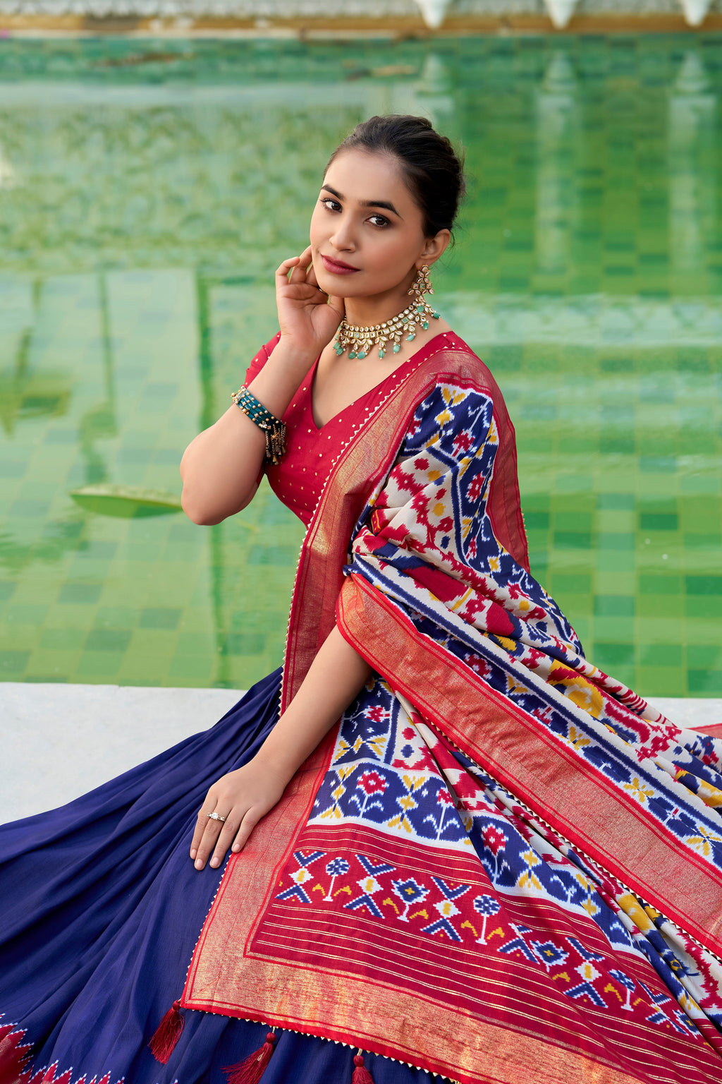 Lorenvalley Navyblue Tussar Silk Patola Print With foil work Lehenga Choli
