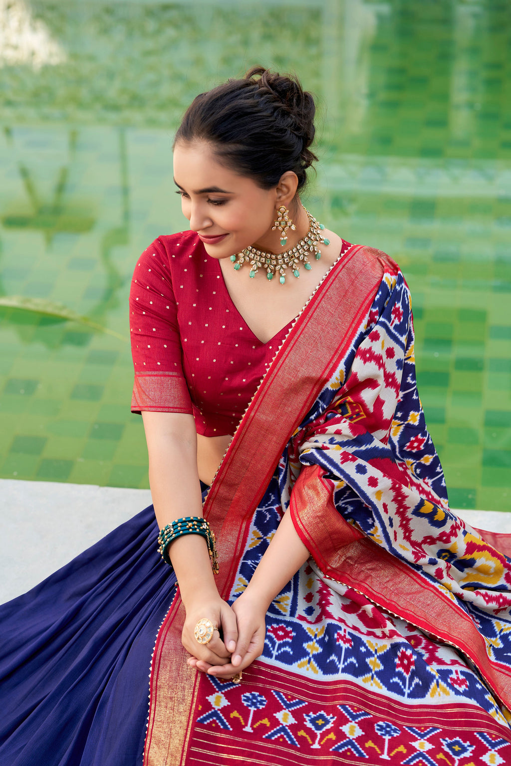 Lorenvalley Navyblue Tussar Silk Patola Print With foil work Lehenga Choli