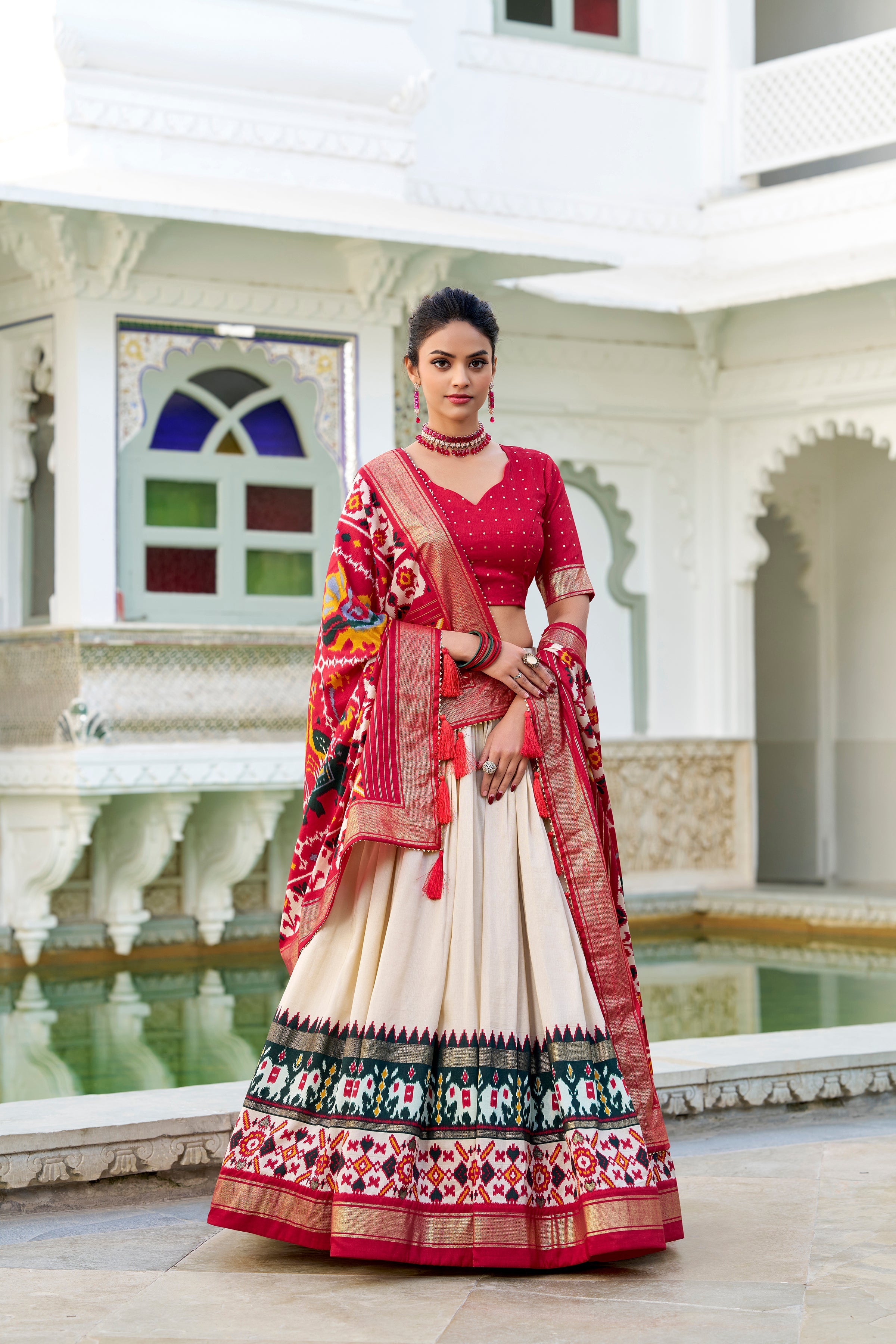 Lorenvalley Offwhite Tussar Silk Patola Print With foil work Lehenga Choli