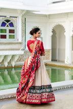 Lorenvalley Offwhite Tussar Silk Patola Print With foil work Lehenga Choli