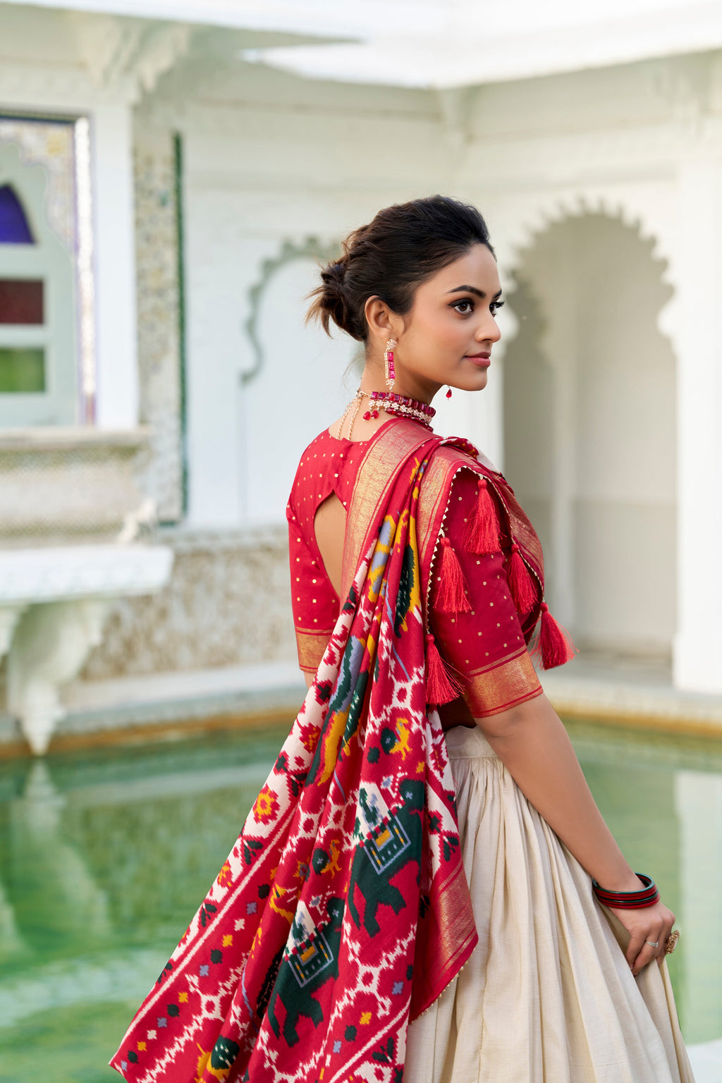 Lorenvalley Offwhite Tussar Silk Patola Print With foil work Lehenga Choli