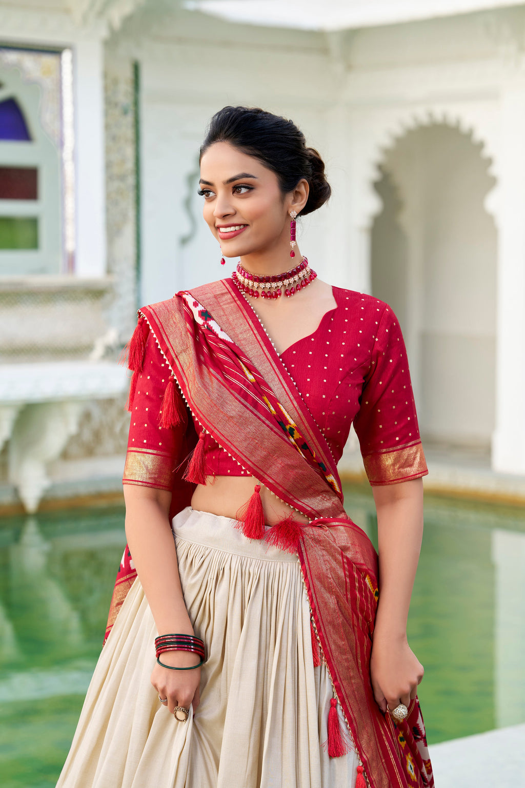 Lorenvalley Offwhite Tussar Silk Patola Print With foil work Lehenga Choli