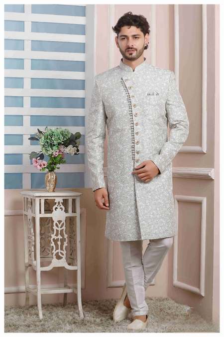 Raivat Ethnic Jacquard Silk Thread Work Indo Western In Grey Colour