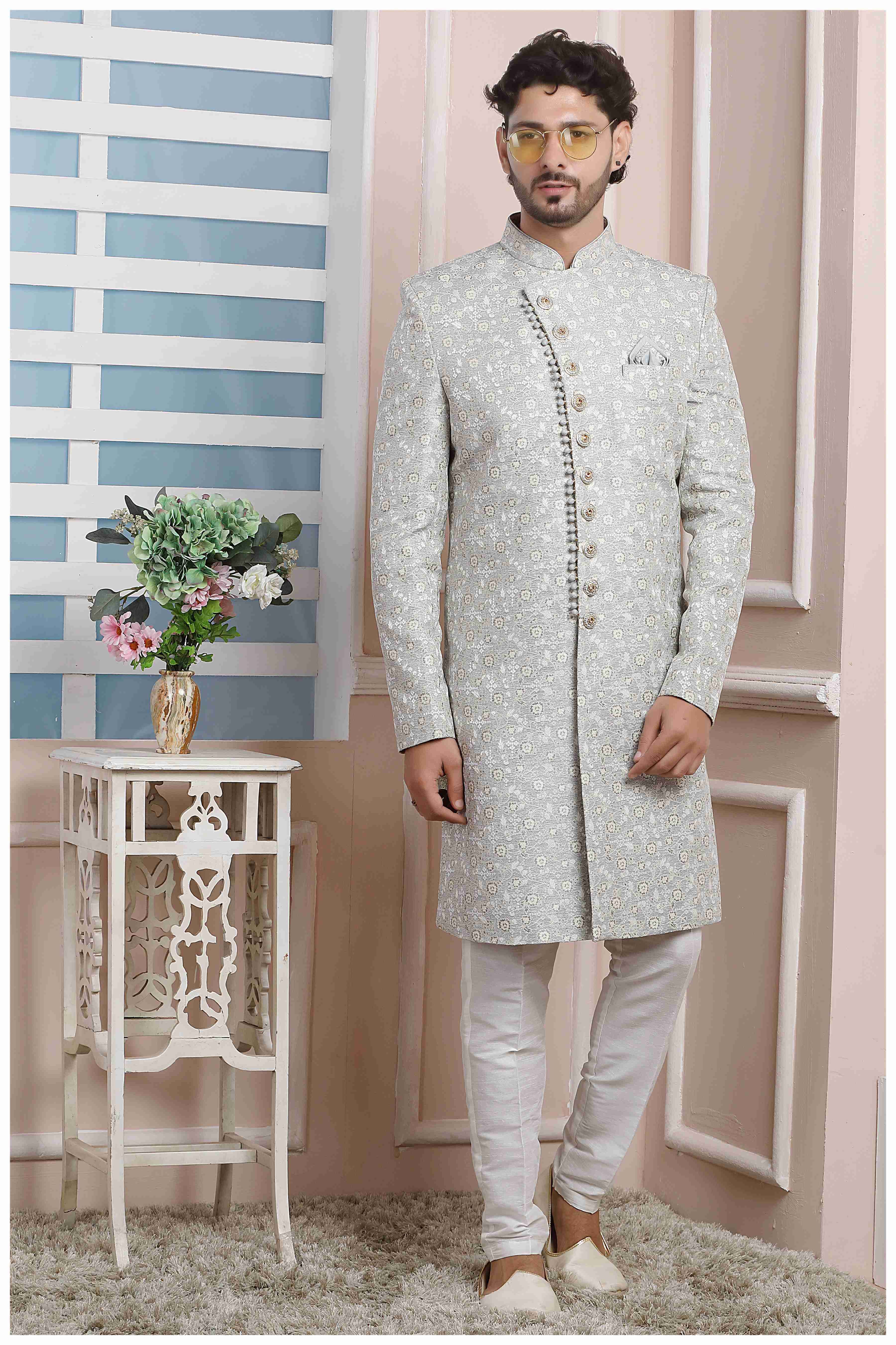 Raivat Ethnic Jacquard Silk Thread Work Indo Western In Grey Colour - Distacart