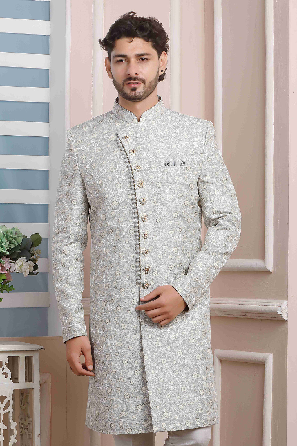 Raivat Ethnic Jacquard Silk Thread Work Indo Western In Grey Colour - Distacart