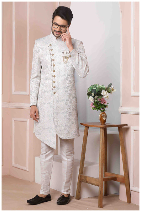 Raivat Ethnic Jacquard Silk Thread Work Indo Western In Light Grey Colour