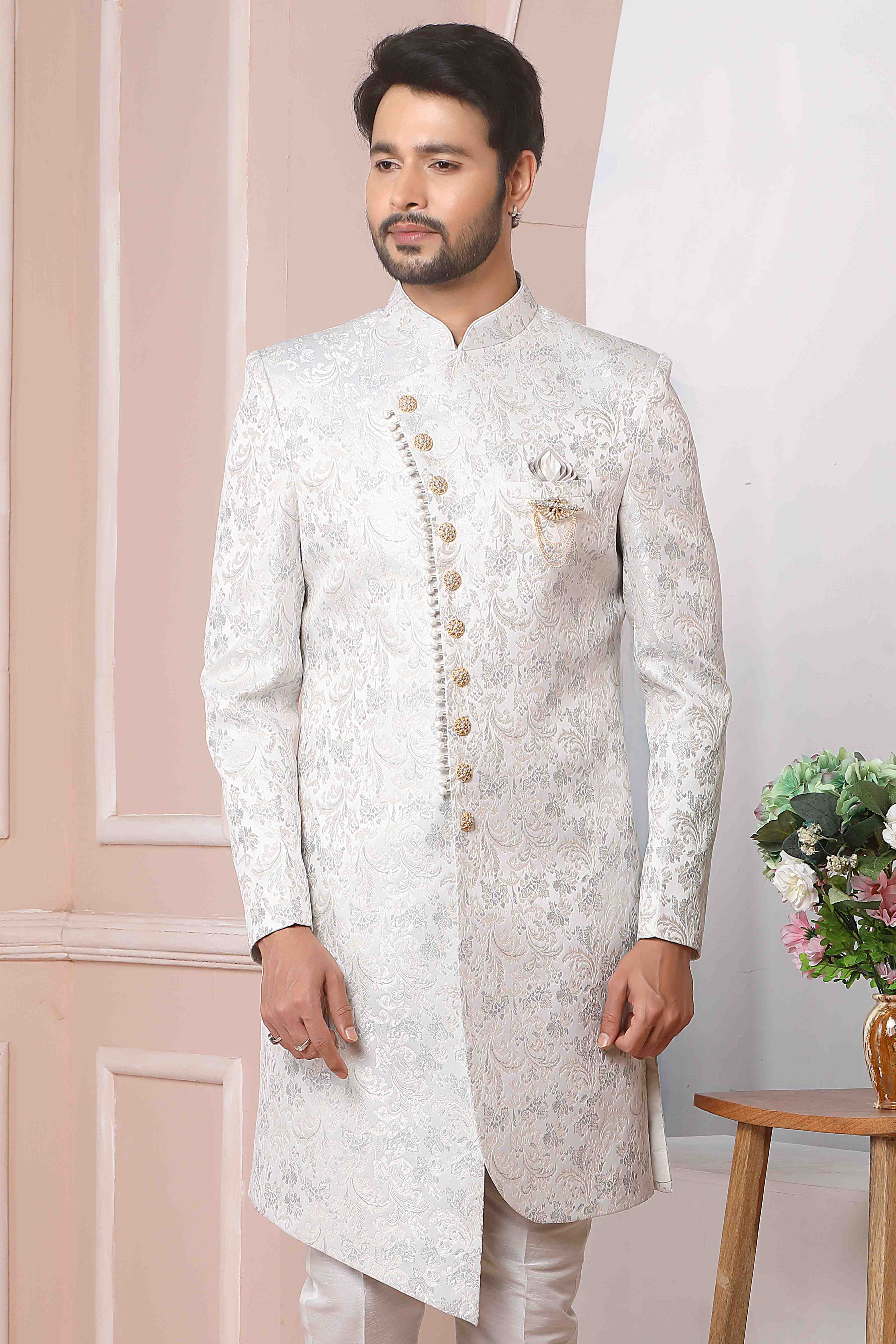 Raivat Ethnic Jacquard Silk Thread Work Indo Western In Light Grey Colour - Distacart