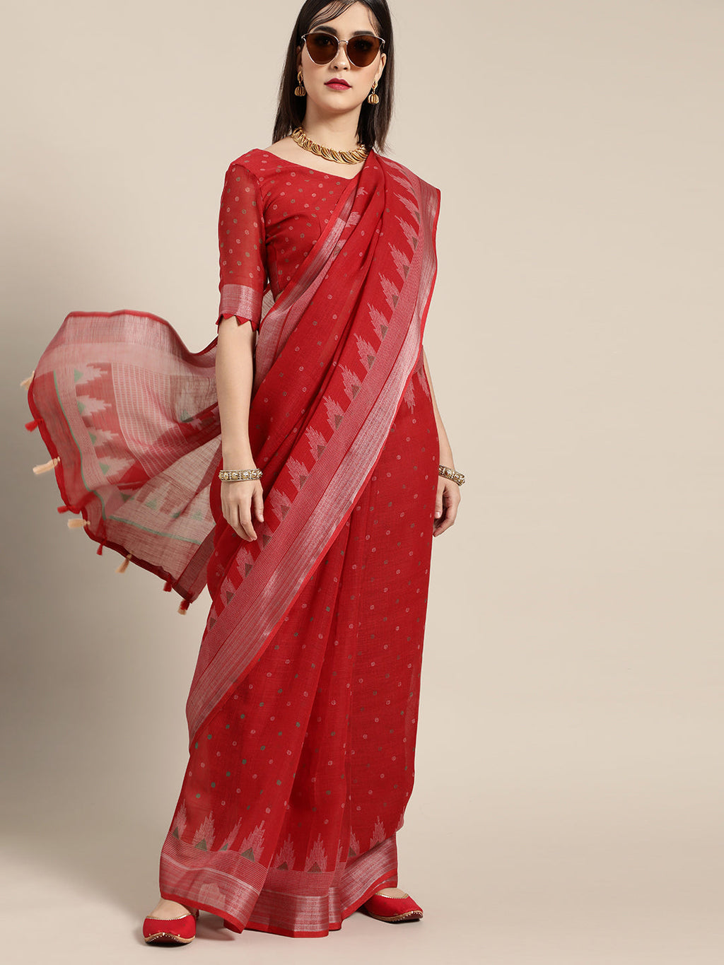 Saree Mall Saree Mall Blazing Red Linen Blend Saree - Distacart