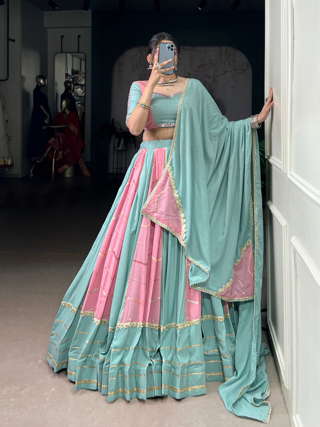 Lorenvalley Fashion Pure Rayon with Georgette Sequins and Thread Embroidery Work With Lace Touch Up Lehenga Choli with Dupatta