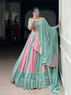 Lorenvalley Fashion Pure Rayon with Georgette Sequins and Thread Embroidery Work With Lace Touch Up Lehenga Choli with Dupatta