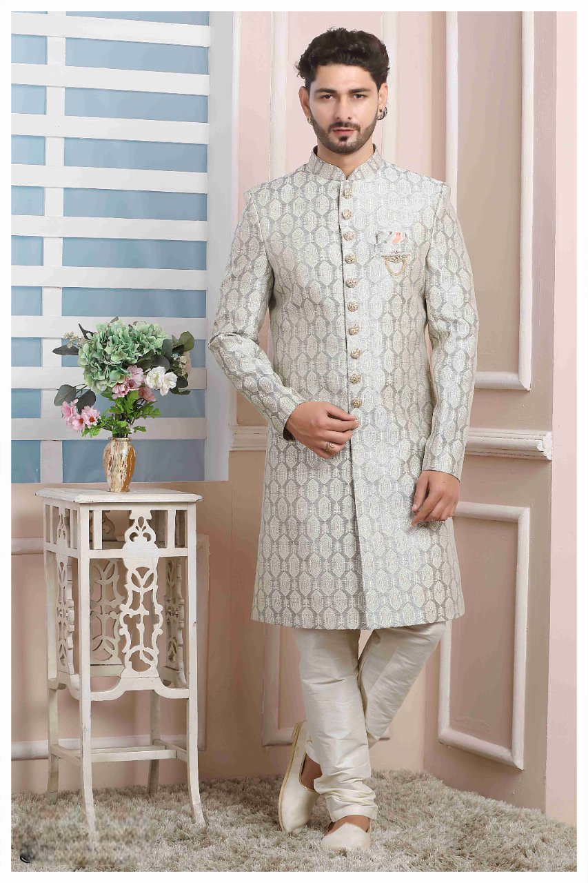 Raivat Ethnic Jacquard Silk Thread Work Indo Western In Grey Colour - Distacart