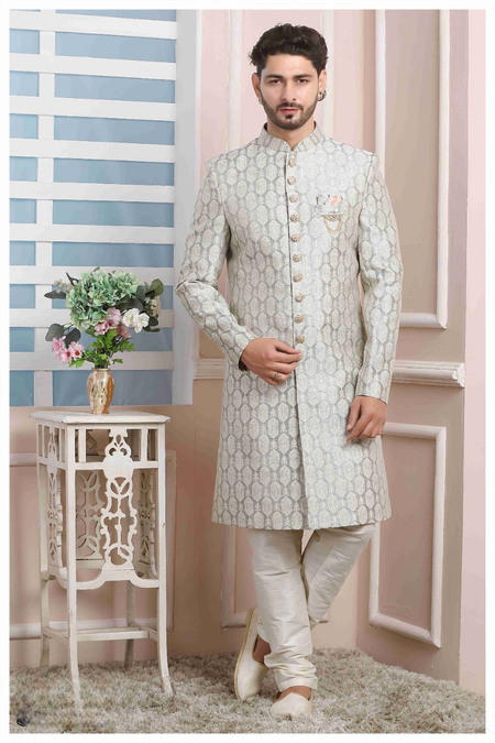 Raivat Ethnic Jacquard Silk Thread Work Indo Western In Grey Colour