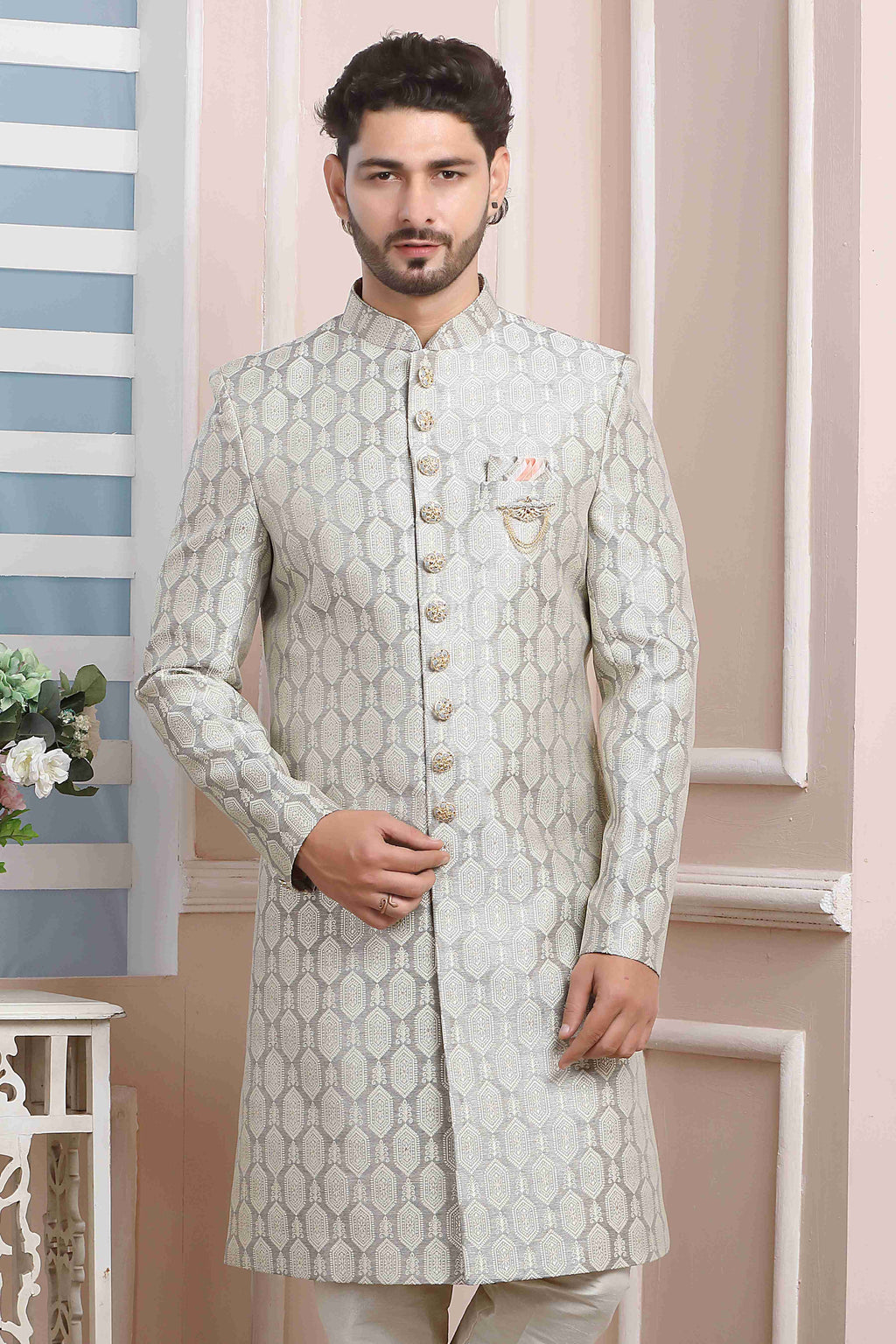 Raivat Ethnic Jacquard Silk Thread Work Indo Western In Grey Colour - Distacart