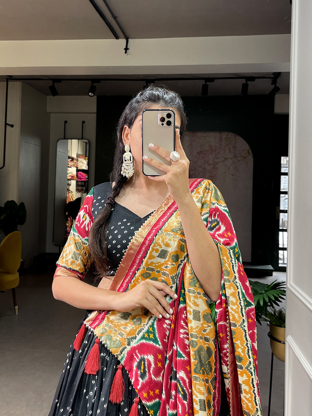 Lorenvalley Black Tussar Silk Patola Print With foil work Lehenga Choli with Dupatta