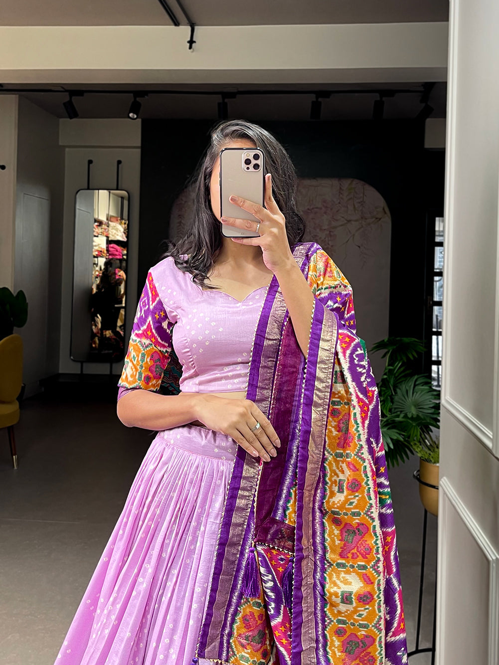 Lorenvalley Lavender Tussar Silk Patola Print With foil work Lehenga Choli with Dupatta