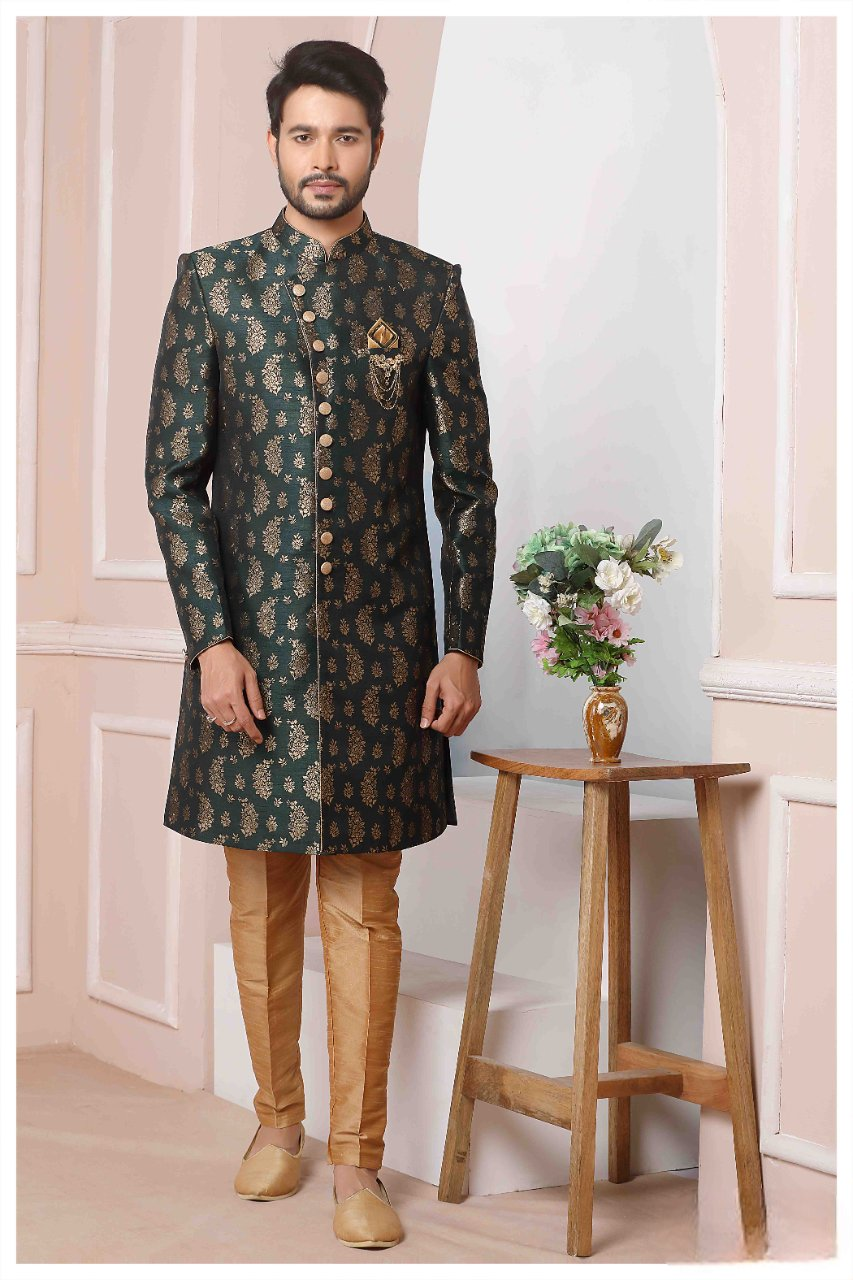 Raivat Ethnic Jacquard Silk Thread Work Indo Western In Green Colour - Distacart