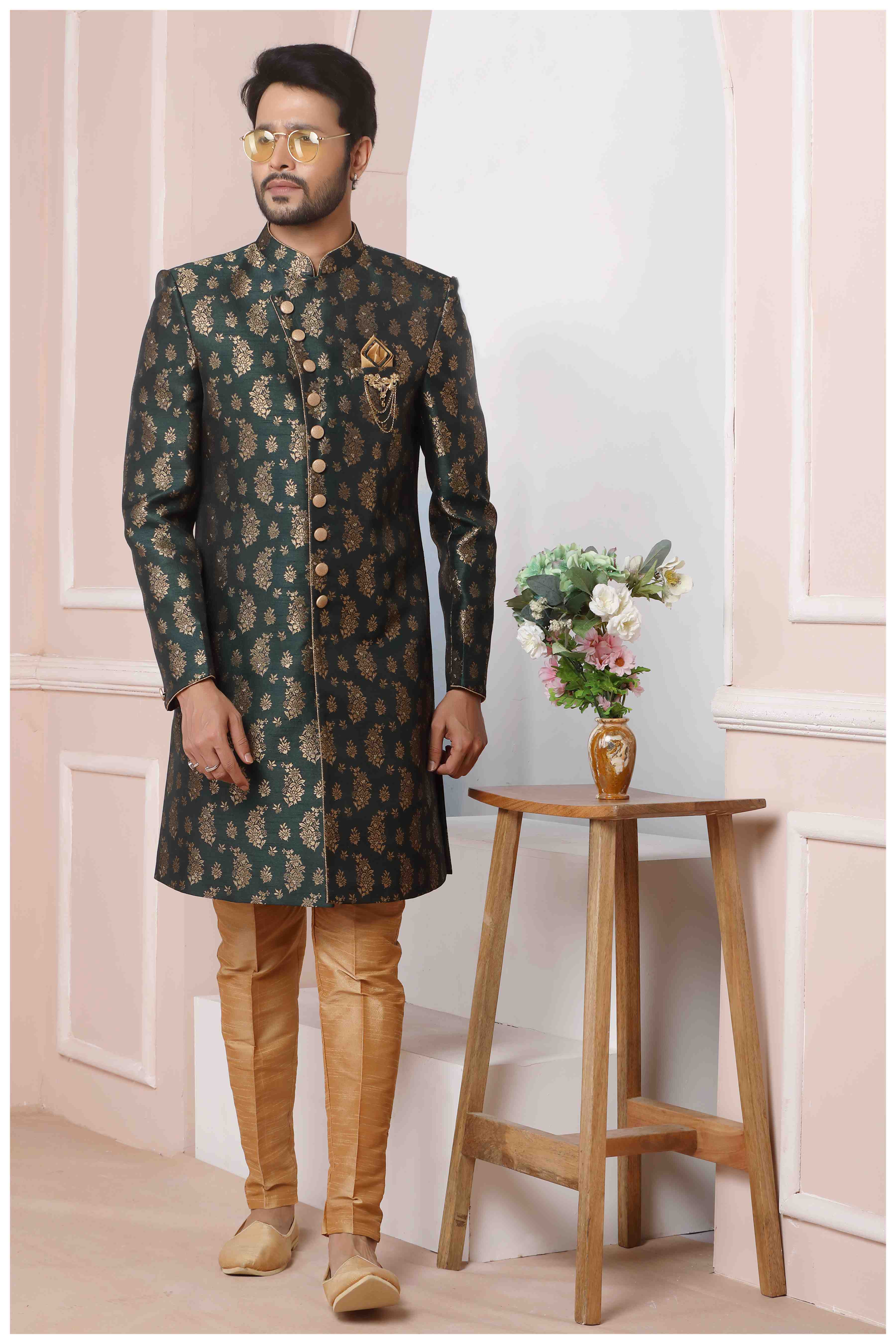 Raivat Ethnic Jacquard Silk Thread Work Indo Western In Green Colour - Distacart